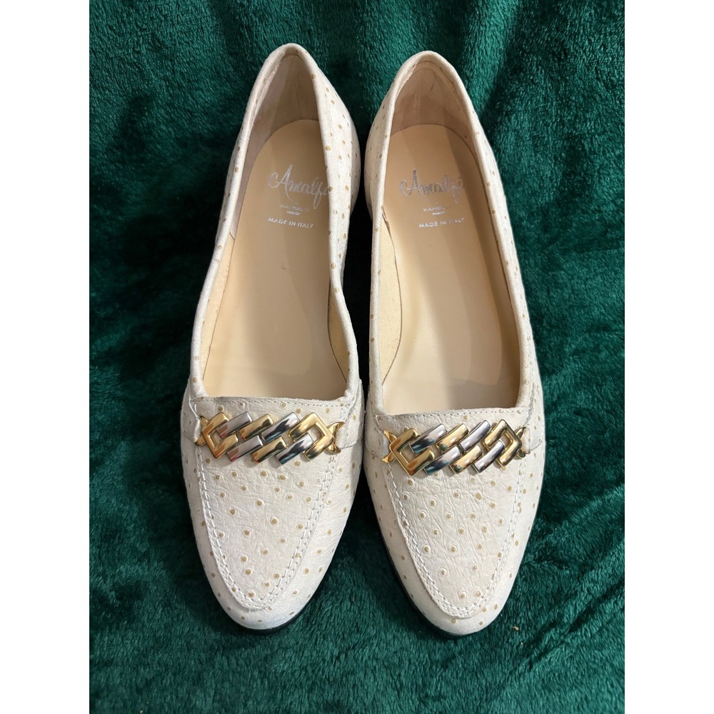 Amalfi by Rangoni Cream Ostrich Embossed Leather Loafers Two-Tone Chain Flats